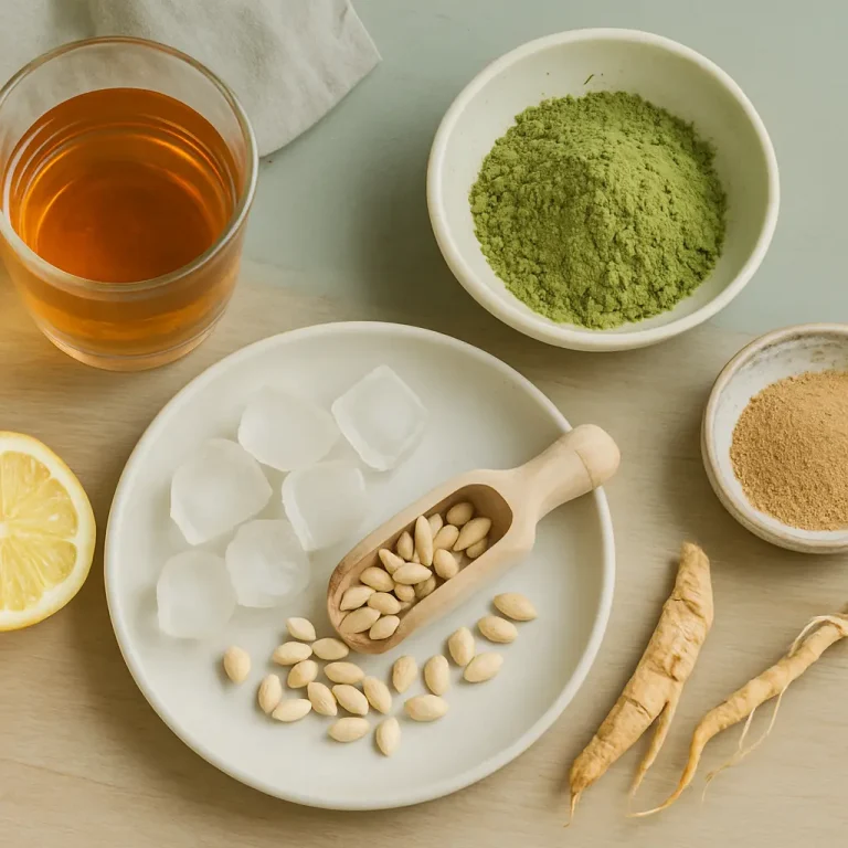 A selection of wellness ingredients including a glass of herbal tea, green powder, two ginseng roots, a bowl of brown powder, a plate with ice cubes, lemon slices, and seeds, emphasizing vitamins, supplements, fitness, and healthy eating.