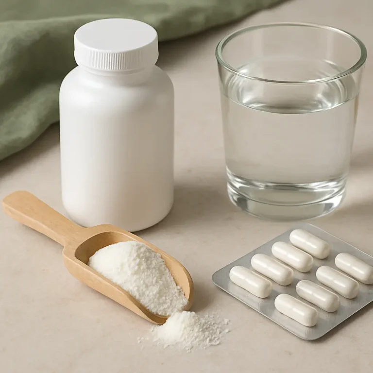 A plastic supplement bottle, a wooden scoop filled with white powder, a blister pack of capsules, and a glass of water on a table, symbolizing vitamins, fitness, wellness, and healthy eating.