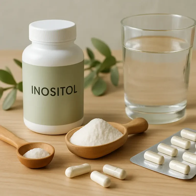 Inositol supplement bottle next to powder, capsules, and a glass of water, promoting wellness, vitamins, and healthy lifestyle choices.