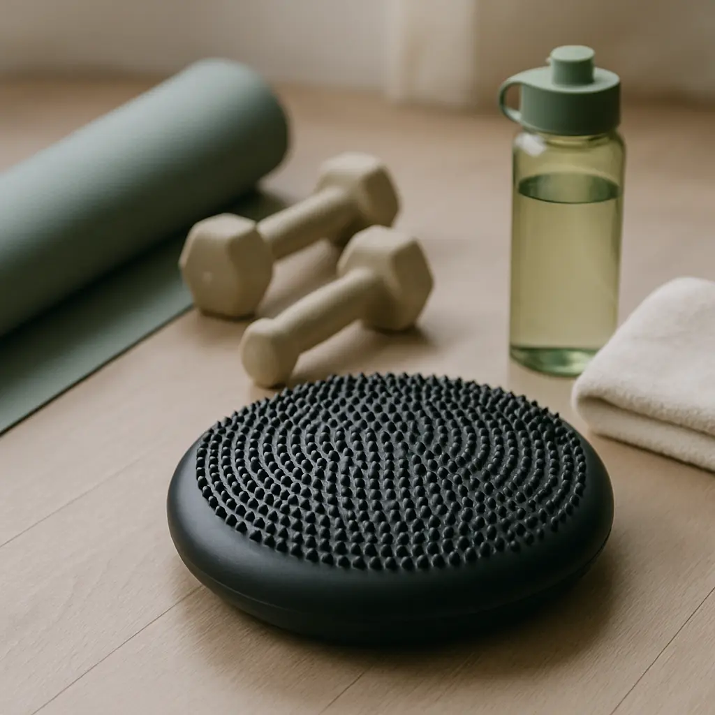Fitness equipment including dumbbells, a green yoga mat, a textured balance disc, a water bottle, and a towel on a wooden floor, emphasizing wellness and healthy living.