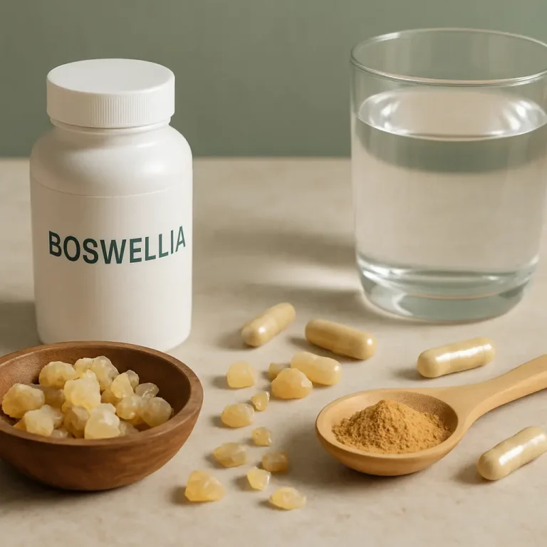 Boswellia supplements, including capsules, resin pieces, and powder, next to a glass of water, promoting natural wellness and anti-inflammatory benefits.