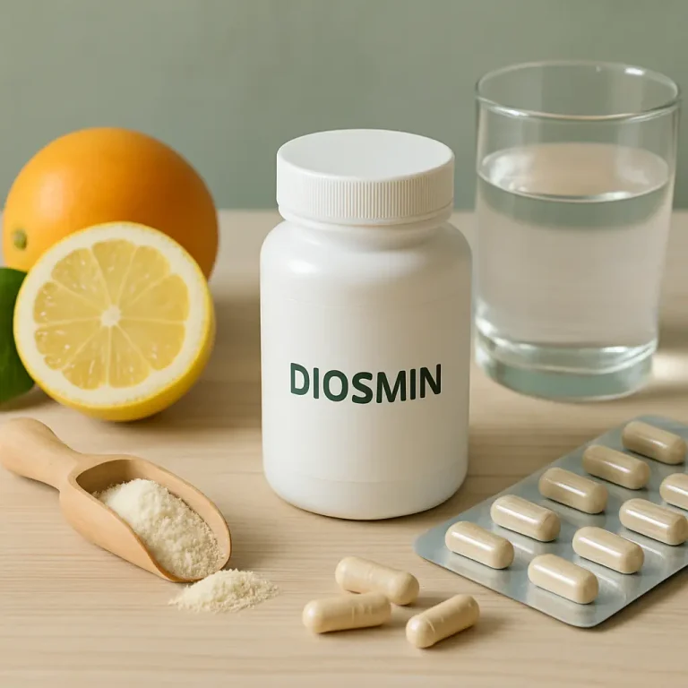 Diosmin supplement bottle next to sliced citrus fruits, powder scoop, blister pack of capsules, and a glass of water, promoting vitamins, supplements, and healthy eating.