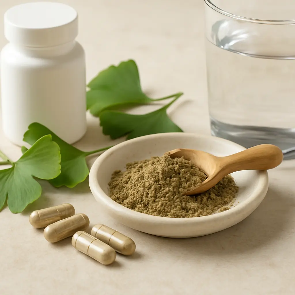 Ginkgo biloba supplements including capsules, a bowl of powdered herb with a spoon, and two ginkgo leaves beside a glass of water, promoting health, wellness, and fitness.