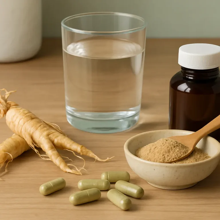 A wooden table displaying ginseng roots, green capsules, a bowl of powdered supplement with a spoon, a glass of water, and a brown bottle, symbolizing fitness and wellness through vitamins and healthy eating.