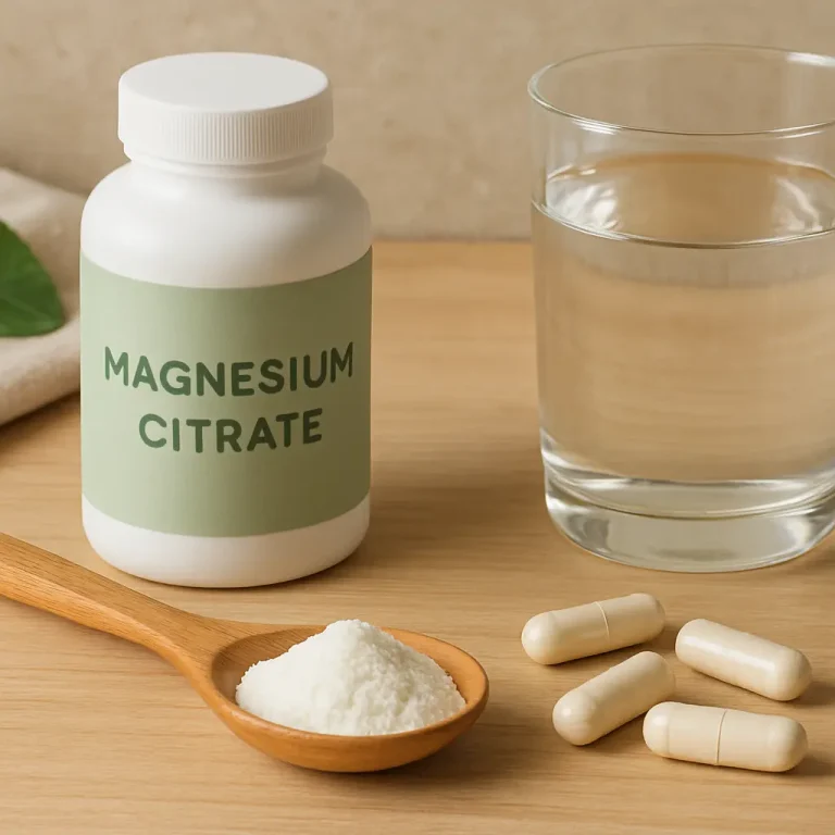 Magnesium Citrate bottle, a wooden spoon with white powder, capsules, and a glass of water on a wooden surface; keywords: supplements, wellness, healthy eating, vitamins, fitness.