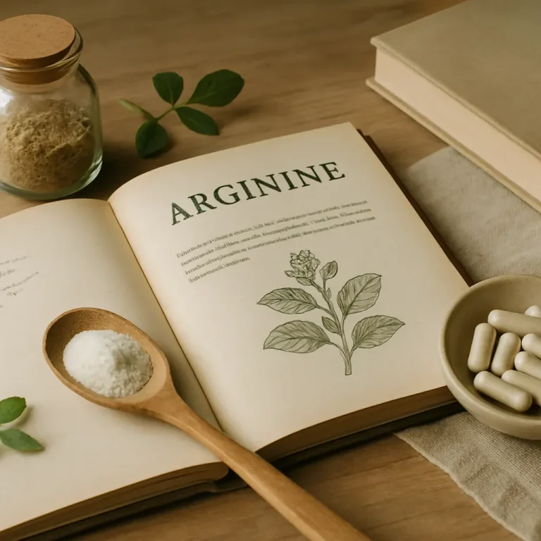 Open book featuring information on arginine with a botanical illustration, wooden spoon with powder, glass jar of supplement, and bowl of capsules, emphasizing wellness and fitness supplements.