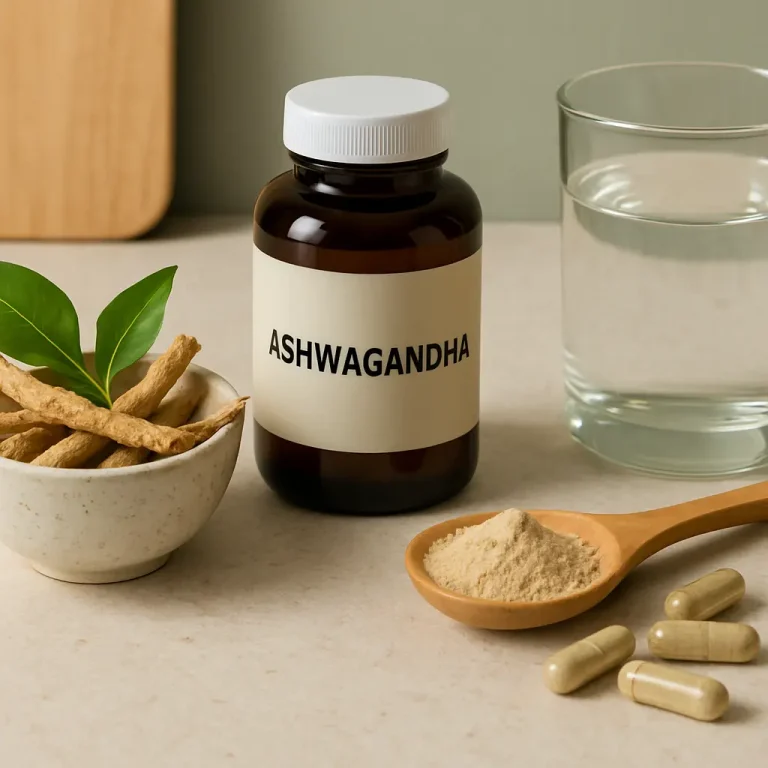 Ashwagandha supplements including capsules, powder, and roots displayed alongside a water glass, promoting wellness, fitness, and healthy living.