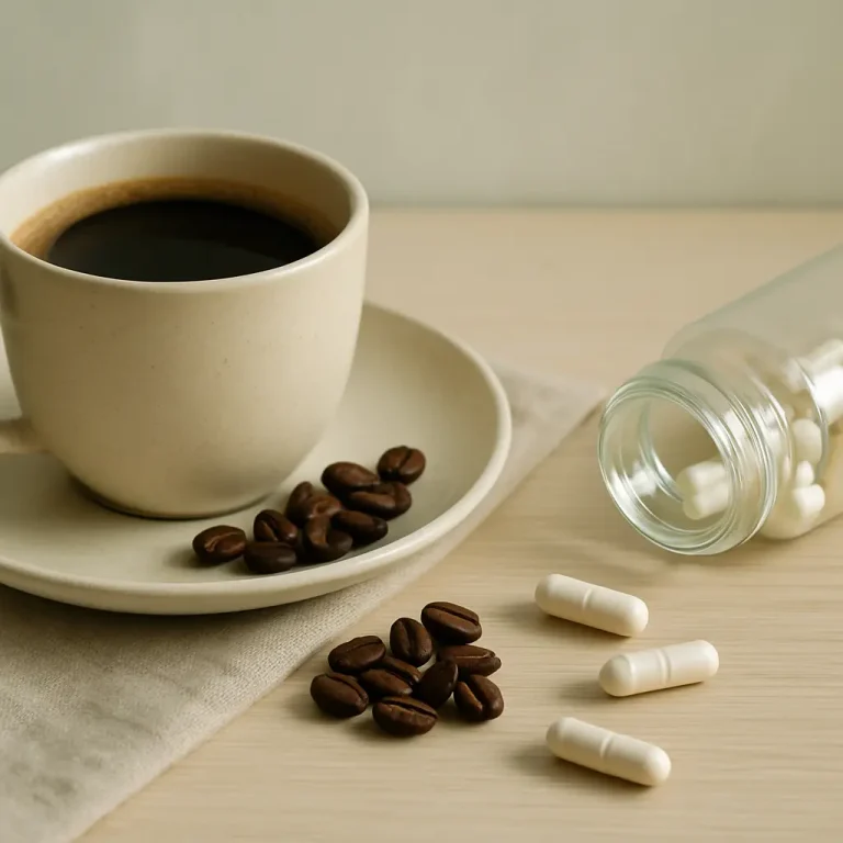 Cup of coffee next to dark roasted coffee beans, scattered capsules, and a glass bottle, symbolizing a focus on wellness, supplements, and healthy living.
