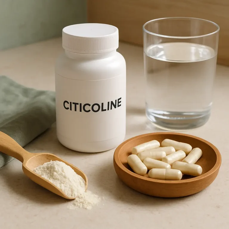 Citicoline supplements displayed with capsules on a wooden dish, a powder scoop, and a glass of water, highlighting wellness and healthy eating.