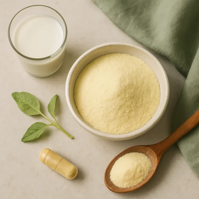 A bowl of yellow supplement powder, a glass of milk, green leaves, and a capsule on a beige surface emphasize vitamins, wellness, and healthy eating.