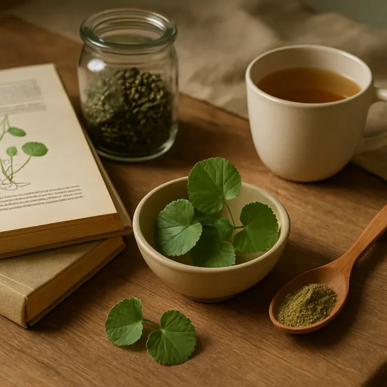 Herbal leaves in a bowl, a jar of seeds, a cup of tea, and a wooden spoon with powdered supplement on a wooden table, highlighting natural wellness and healthy eating.