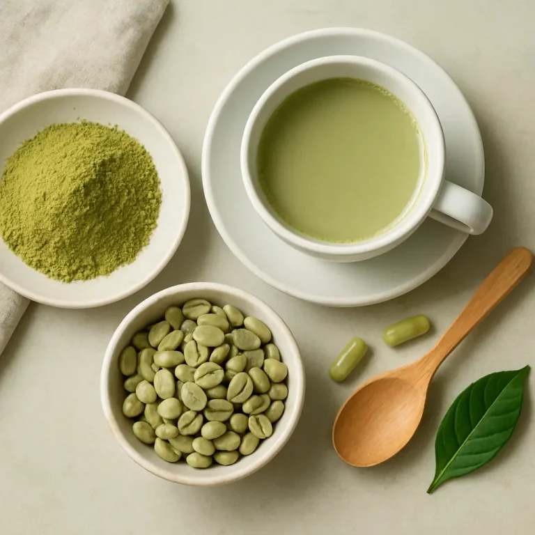 Green coffee products including powder, beans, capsules, a cup of green coffee, a wooden spoon, and a fresh leaf, emphasizing wellness, supplements, and healthy eating.