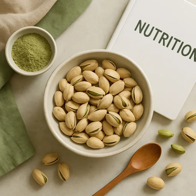 Bowl of pistachios next to green powder and a book titled 'Nutrition,' symbolizing vitamins, supplements, and healthy eating.