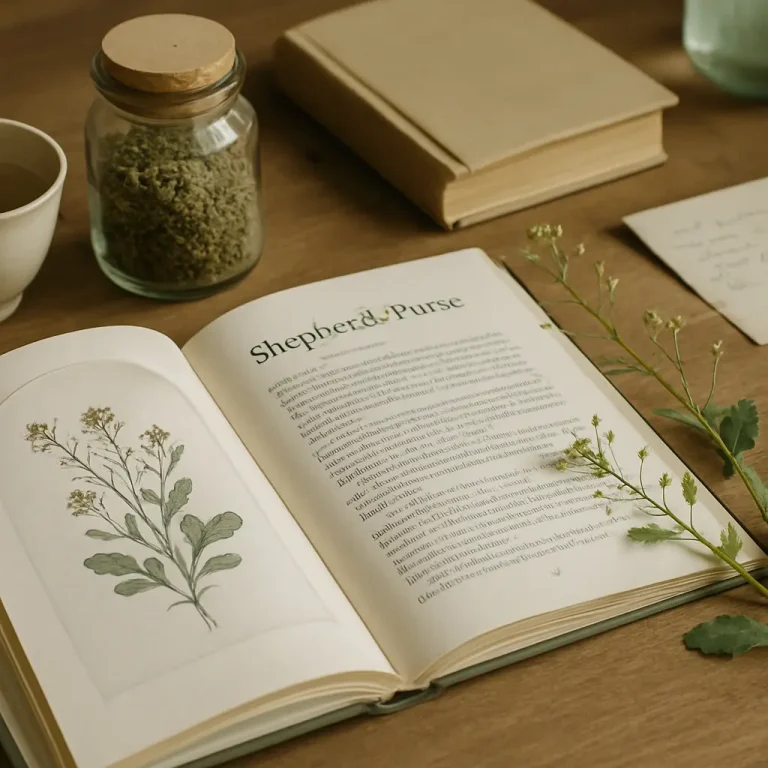 An open botanical book showing an illustration and text about Shepherd's Purse, with dried herbs in a jar, emphasizing herbal supplements and holistic wellness.
