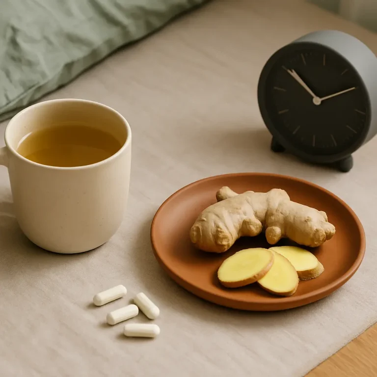 A cup of herbal tea, sliced ginger on a plate, and supplement capsules on a table suggest wellness, healthy eating, and fitness routines.