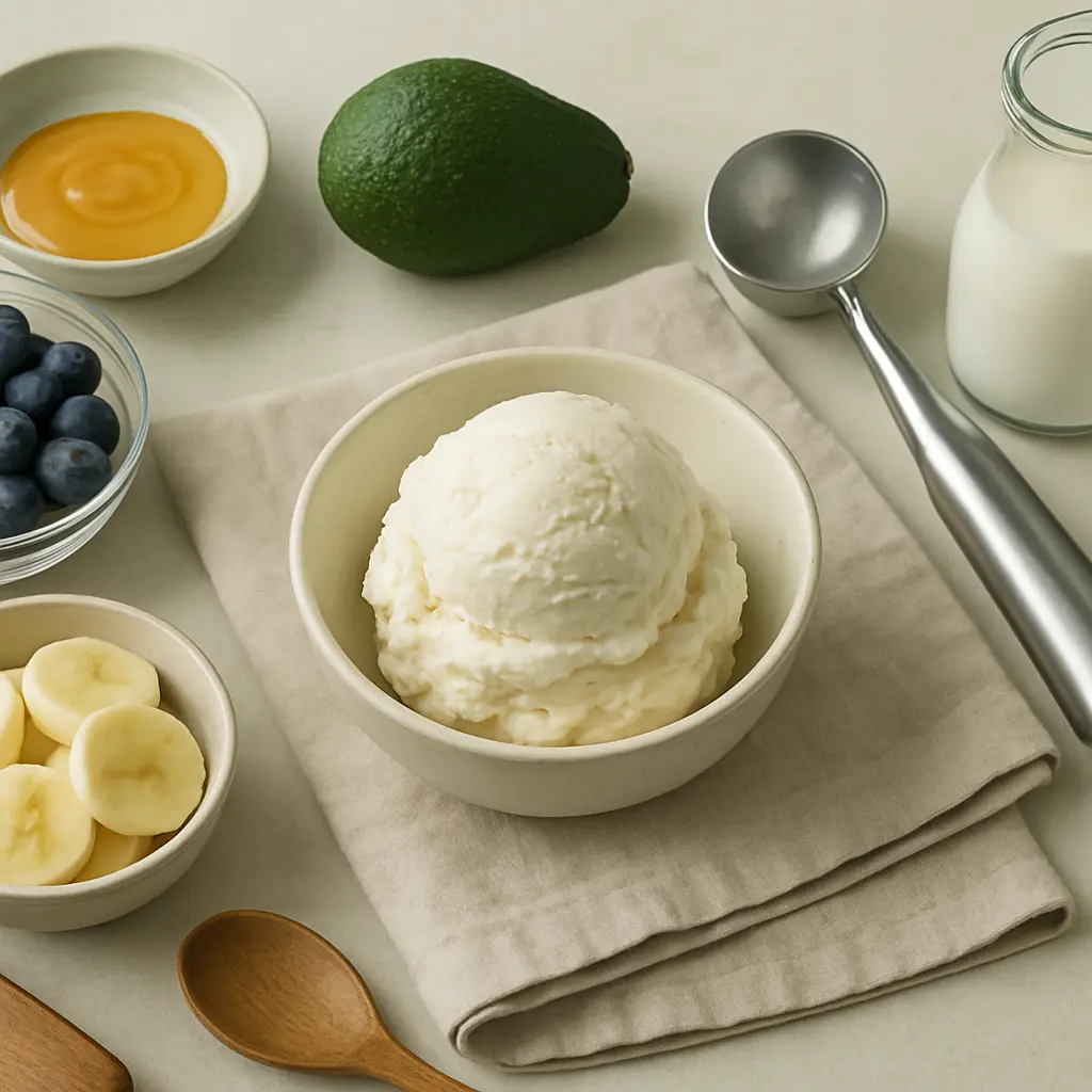 A bowl of creamy yogurt with ingredients including blueberries, banana slices, honey, avocado, and milk, promoting healthy eating, wellness, and fitness.