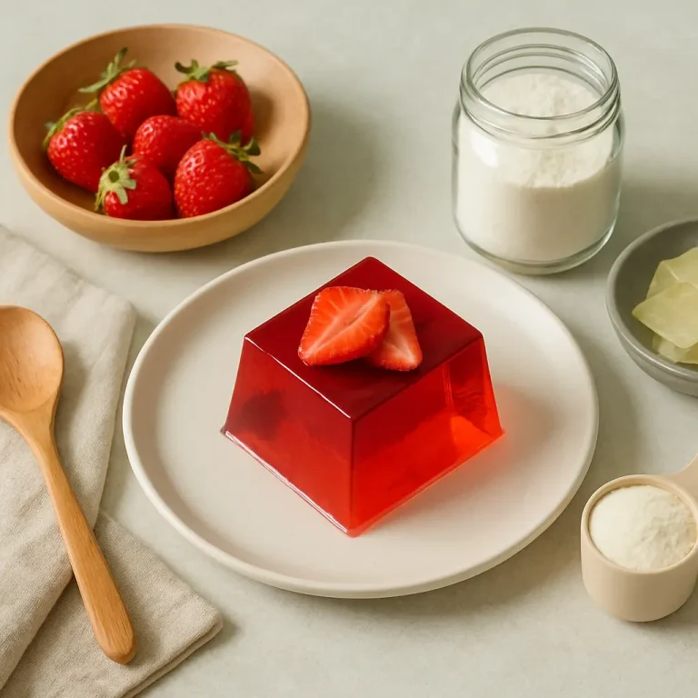 Healthy dessert setup featuring a plate with strawberry-topped red jelly, fresh strawberries in a bowl, and a jar of white supplement powder, promoting vitamins, wellness, and healthy eating.