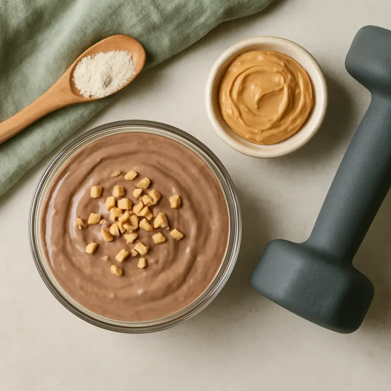 A bowl of chocolate protein smoothie topped with nuts, accompanied by a spoon of protein powder, a small bowl of peanut butter, and a dumbbell, symbolizing fitness, healthy eating, vitamins, and supplements.
