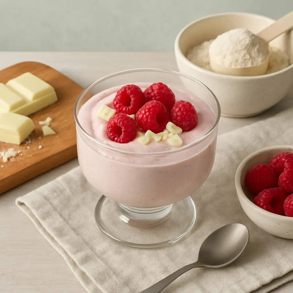 Healthy raspberry protein smoothie with fresh raspberries, white chocolate pieces, and a scoop of protein powder, perfect for fitness and wellness enthusiasts.
