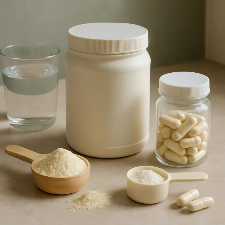 Containers of protein supplements and vitamins with a water glass, featuring powder scoops and capsules, promoting fitness and wellness.