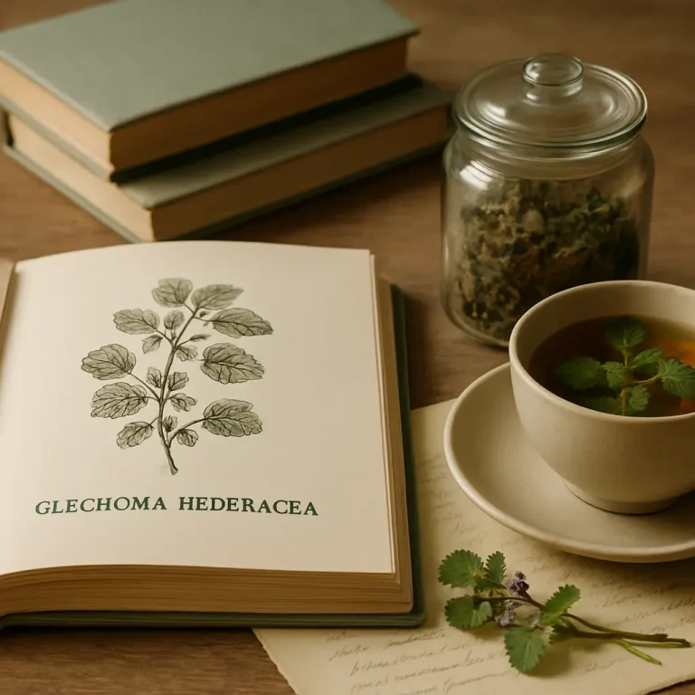 Botanical book open to Glechoma Hederacea illustration beside herbal tea cup, promoting wellness, herbal supplements, and healthy eating.