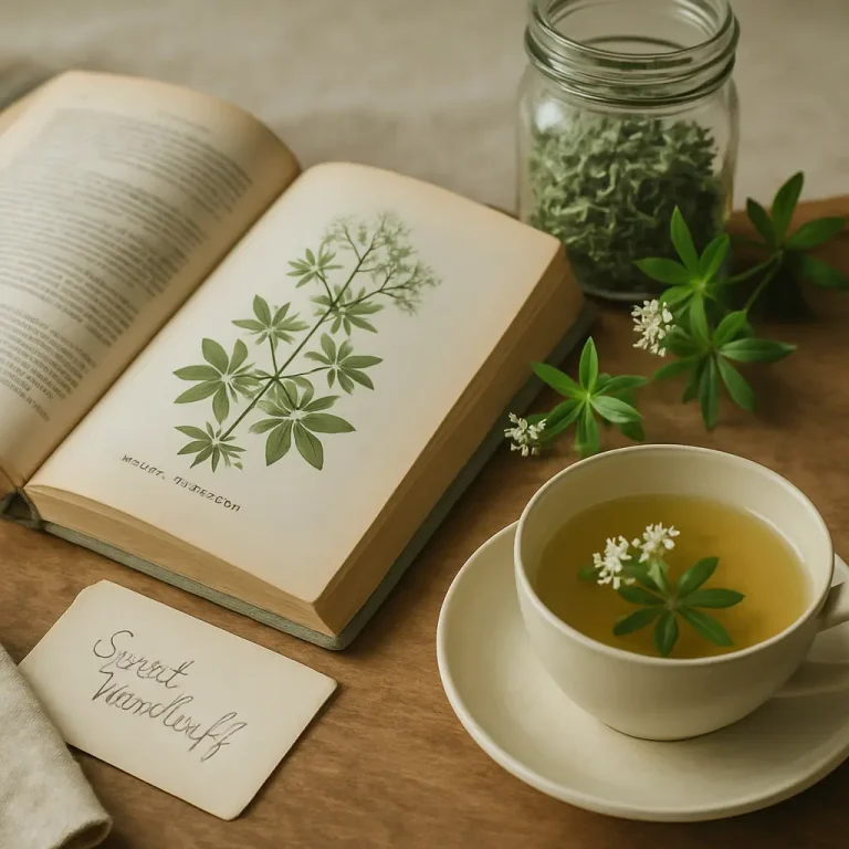 An open herbal book next to a cup of herbal tea with green leaves and small white flowers, emphasizing natural wellness, healthy living, and dietary supplements.