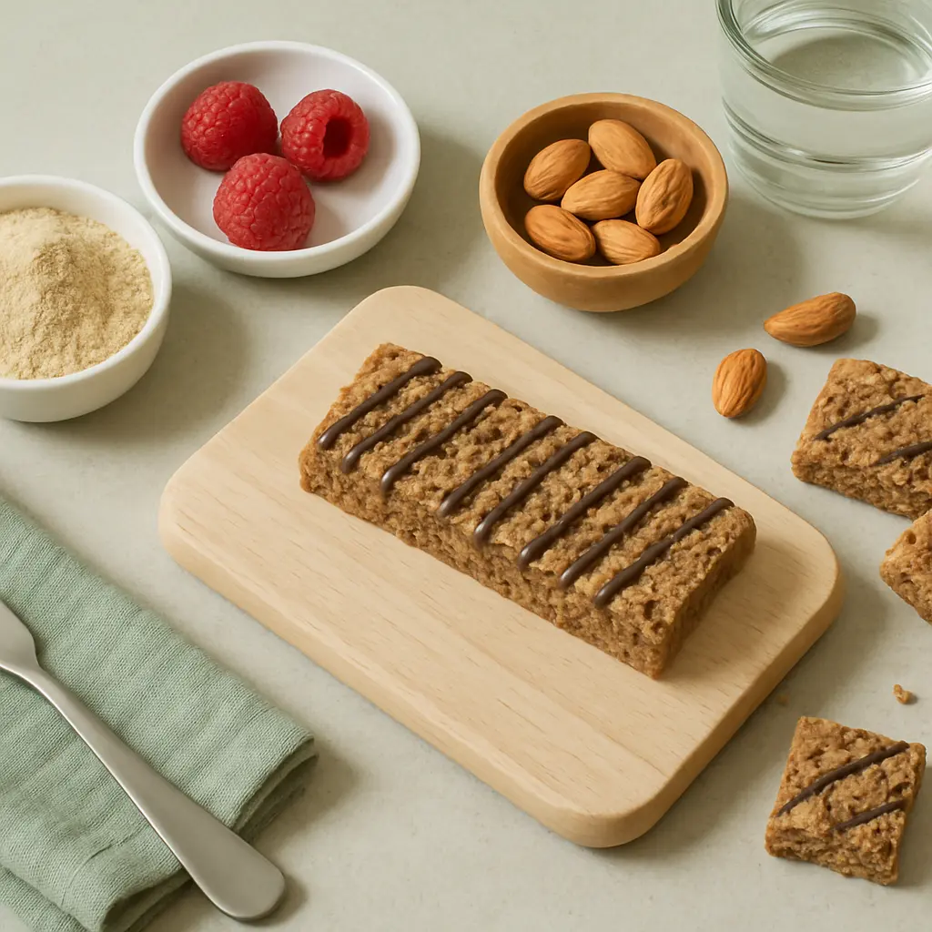 Protein bar with chocolate drizzle on a wooden board, surrounded by almonds, raspberries, and a bowl of protein powder, promoting healthy eating and fitness nutrition.