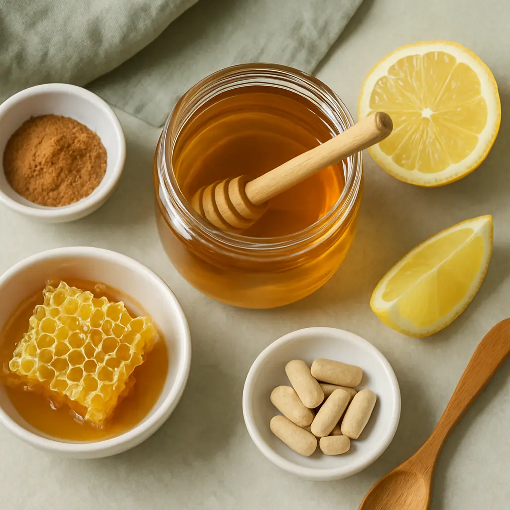 Jar of honey with dipper, lemon halves, cinnamon powder, honeycomb, and a bowl of supplement tablets representing natural wellness and healthy eating.