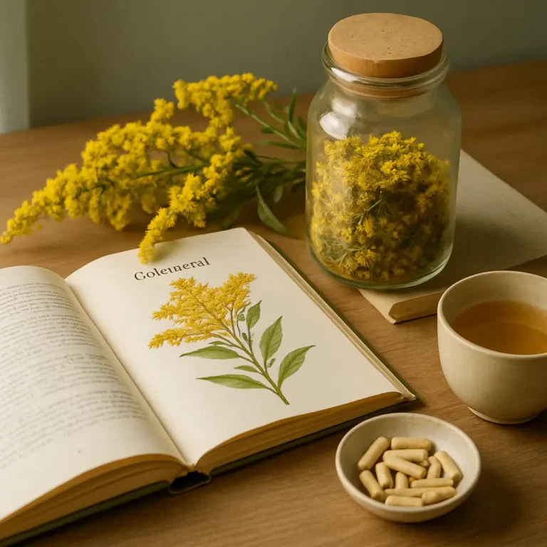 Open herbology book with illustration of goldenrod, glass jar filled with dried flowers, a cup of herbal tea, and a bowl of dietary supplements on a wooden table, emphasizing natural wellness and healthy living practices.