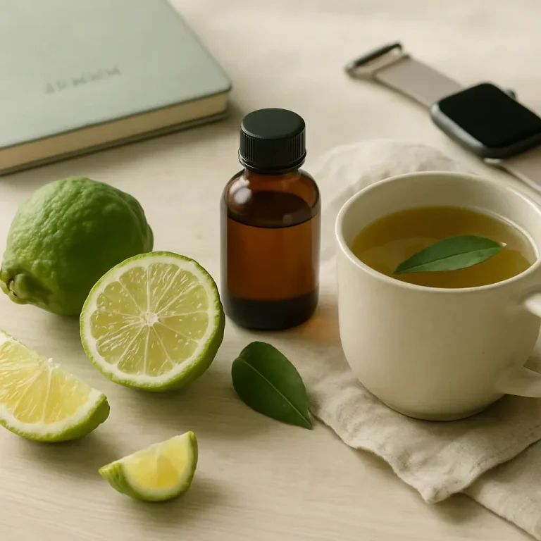 A bottle of supplement next to sliced lime and a cup of tea on a table, symbolizing vitamins, wellness, and healthy eating.