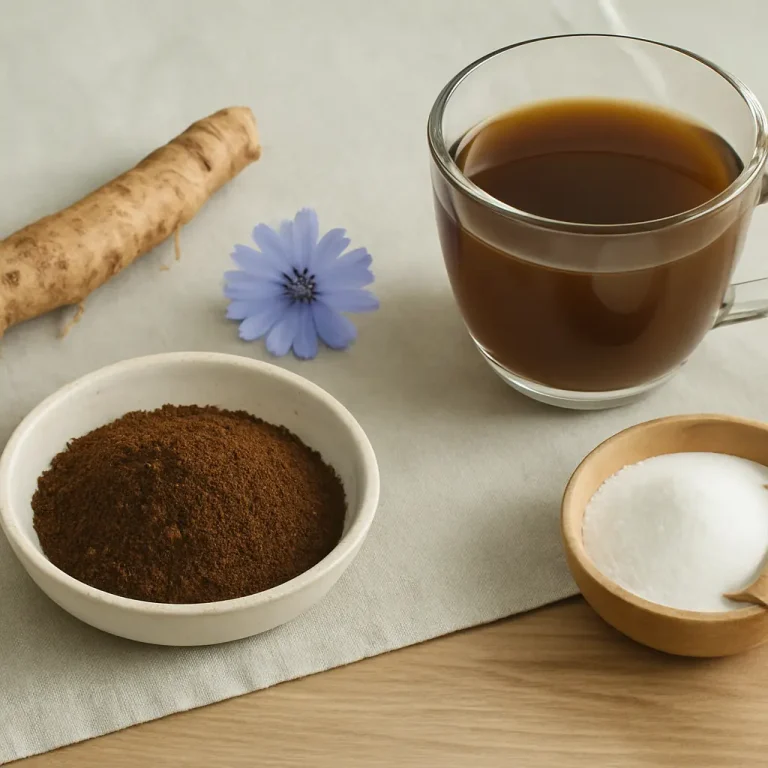 Cup of chicory coffee with chicory root, flower, ground powder, and sugar on a table, promoting wellness, healthy supplements, and natural vitamins.