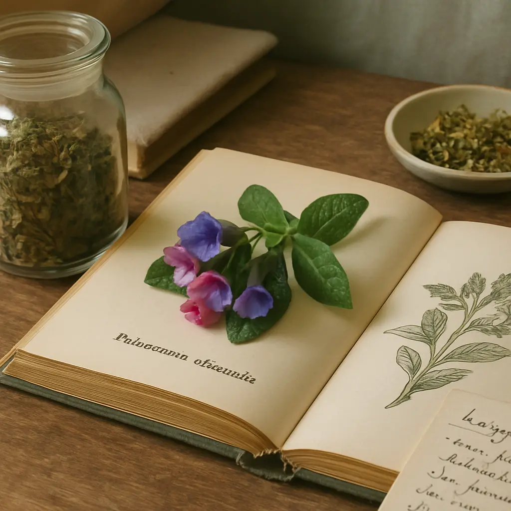 Open botanical book with an illustration of medicinal herbs next to fresh flowers, surrounded by jars of dried herbal supplements, emphasizing natural wellness and healthy living.