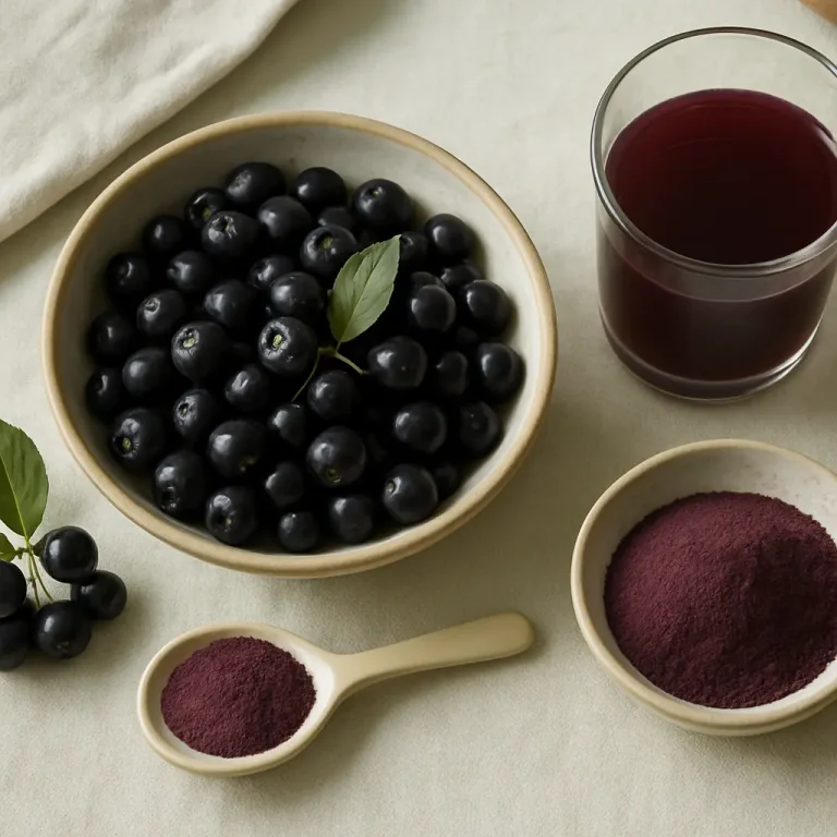 Acai berries in a bowl, a glass of acai juice, and acai powder in a spoon and small bowl, highlighting superfood benefits for wellness and healthy eating.