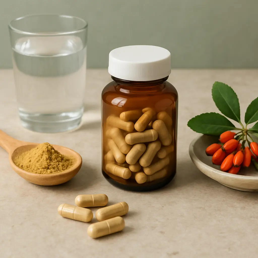 A glass jar filled with vitamin capsules next to a wooden spoon of supplement powder, a glass of water, and a dish of fresh berries and leaves, symbolizing fitness, wellness, and healthy eating.