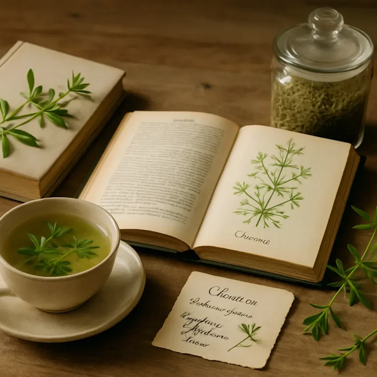 Cup of herbal tea with fresh leaves on a wooden table surrounded by open books and a jar, highlighting natural wellness and the benefits of herbs for healthy eating and supplements.