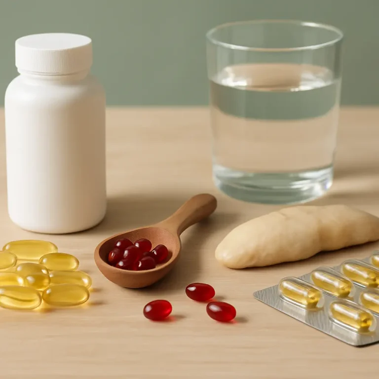 Assorted vitamins and supplements including red capsules, yellow gel capsules, and a bottle arranged on a table, emphasizing wellness and healthy eating.