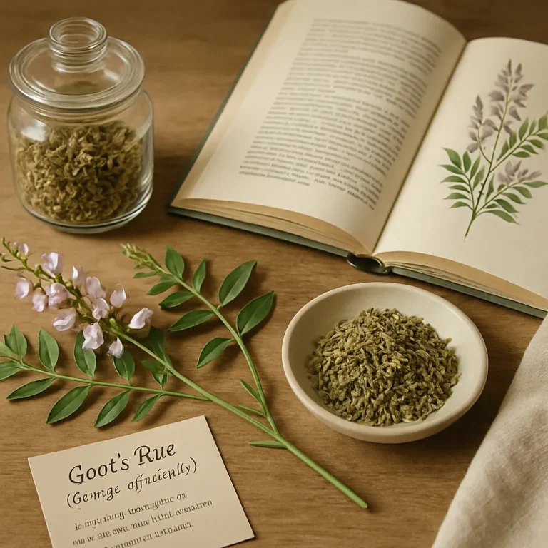 Dried goat's rue herb in a jar and bowl, alongside a botanical book and plant illustration, emphasizing herbal supplements, wellness, and healthy eating.
