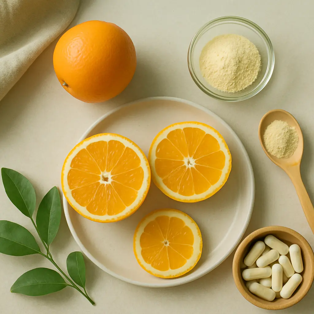 Sliced oranges on a plate surrounded by vitamin powder and capsules, emphasizing wellness, nutrition, and healthy eating.