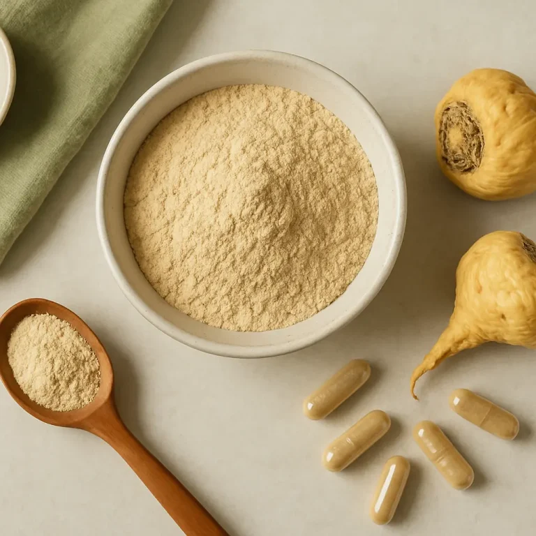 Bowl of maca root powder with whole maca roots, capsules, and a spoon, symbolizing natural supplements and wellness. Keywords: vitamins, supplements, health, fitness, wellness, healthy eating.
