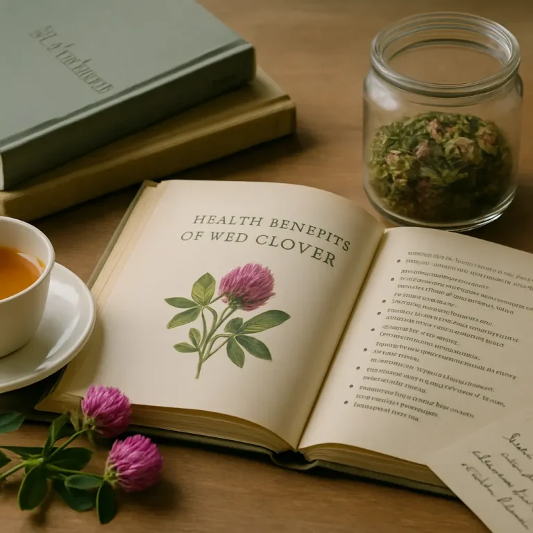 Opened book displaying 'Health Benefits of Red Clover' with a botanical illustration, surrounded by a jar of dried red clover and a cup of herbal tea, emphasizing wellness and natural supplements.