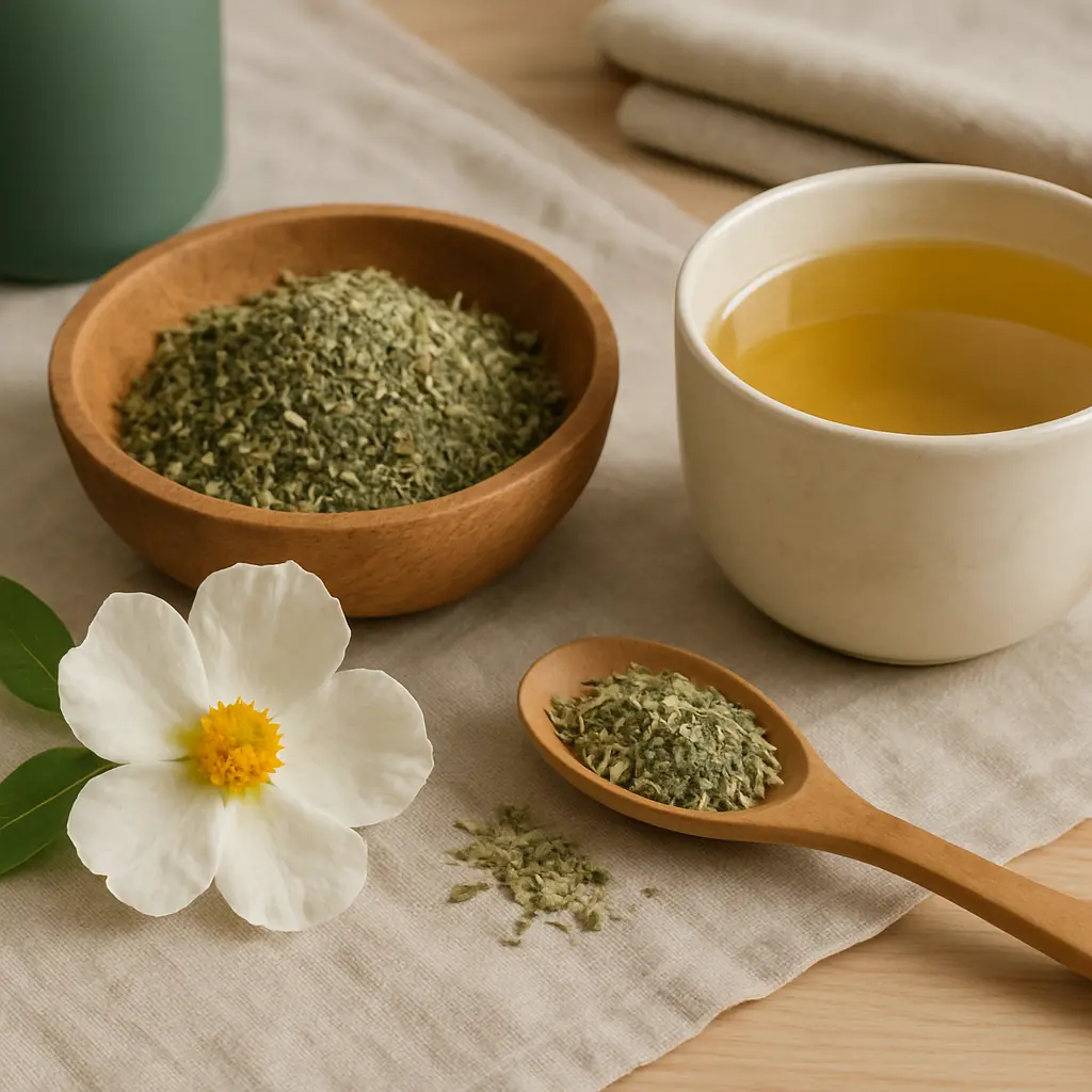 Cup of herbal tea with a wooden bowl and spoon filled with green herbal powder, promoting wellness, healthy eating, and natural supplements, alongside a fresh white flower.