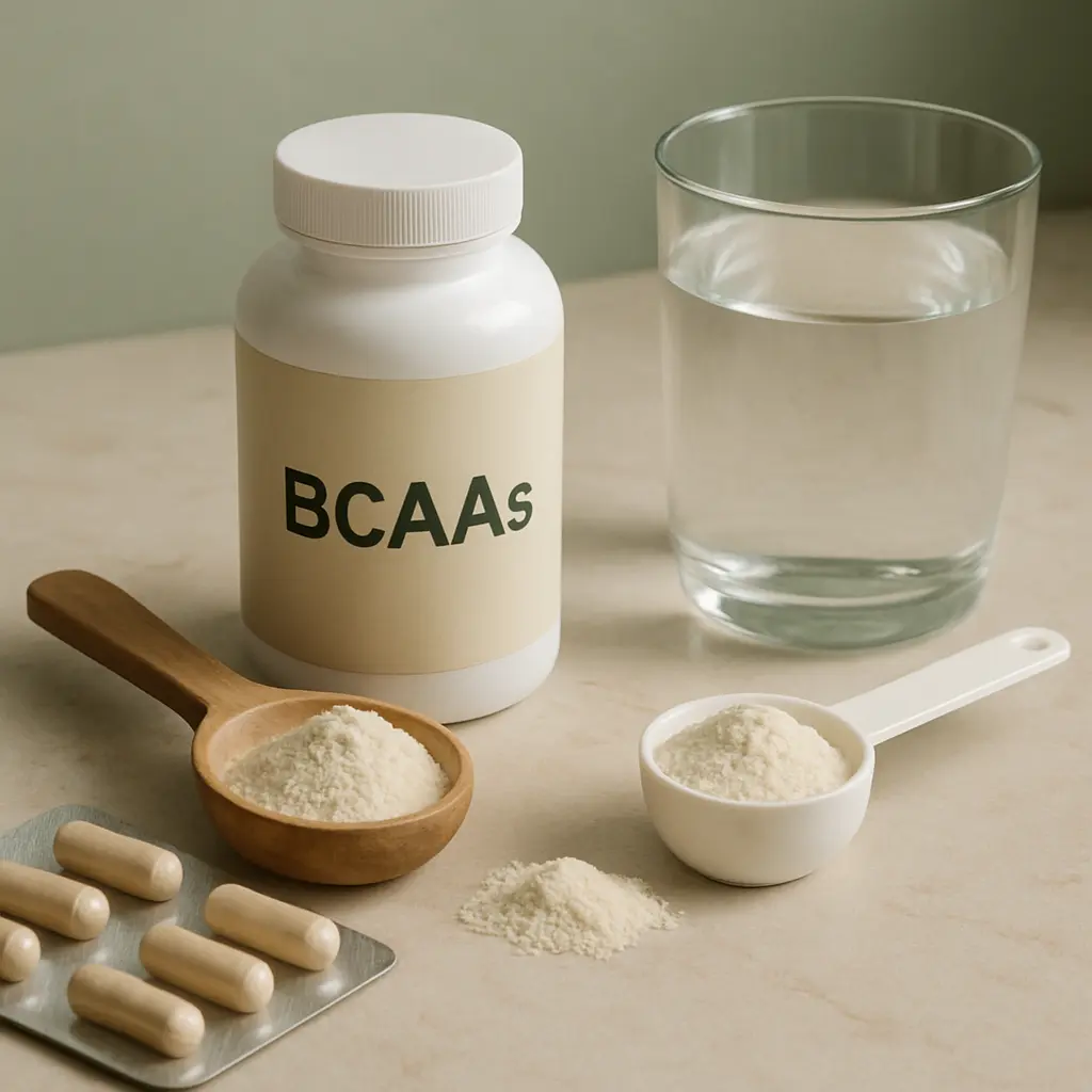 BCAA supplement bottle with powder, capsules, and a glass of water, representing fitness, wellness, and healthy eating.