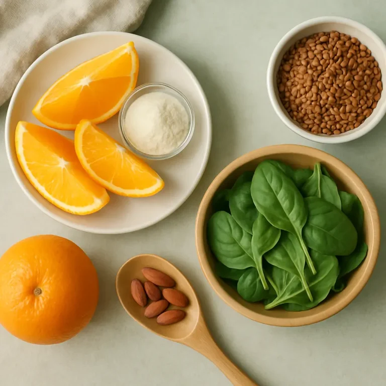 Variety of nutrient-rich foods including orange slices, a whole orange, almonds, spinach, and a small bowl of seeds, emphasizing vitamins, supplements, and healthy eating habits for wellness and fitness.