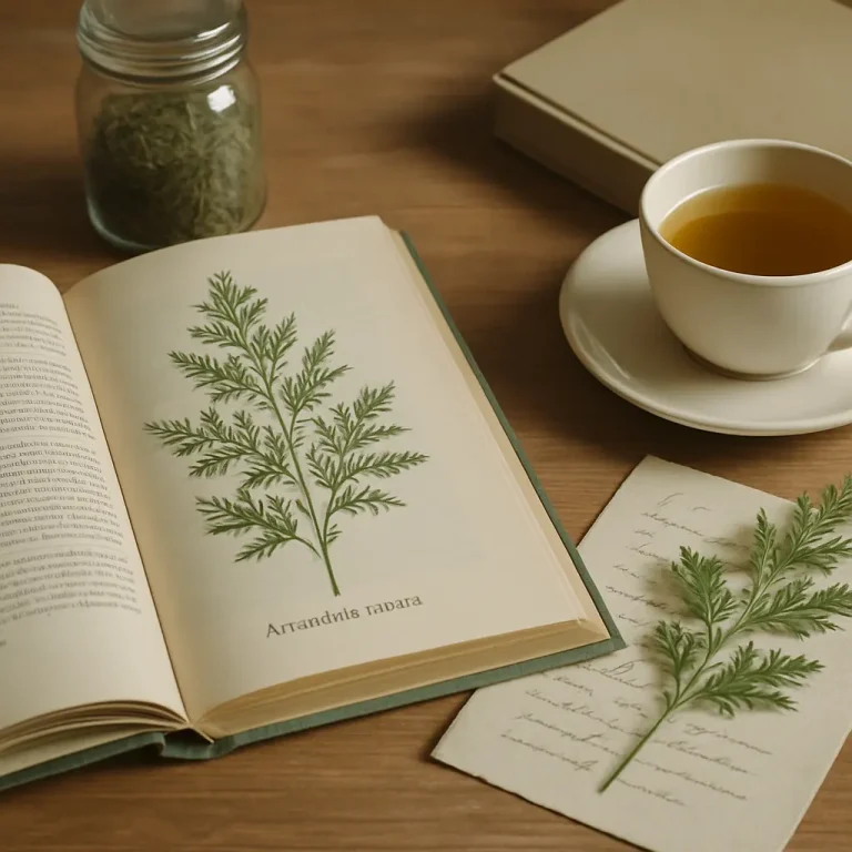 A botanical book displaying an illustration of a herb next to a cup of herbal tea, promoting wellness, supplements, and healthy living with a focus on natural remedies and vitamins.