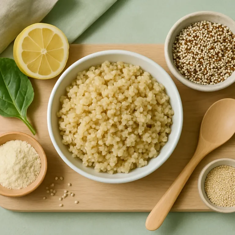 A bowl of cooked couscous on a wooden board surrounded by a halved lemon, spinach leaf, quinoa mix, and a wooden spoon, emphasizing healthy eating and nutrition.