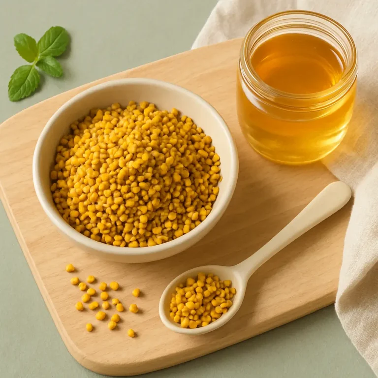 Bowl of yellow bee pollen granules with a jar of golden honey, symbolizing natural vitamins, supplements, healthy eating, and wellness benefits.