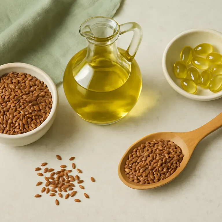 Flaxseeds in a white bowl, golden oil in a glass jug, and gel capsules on a light background, highlighting vitamins and supplements for wellness, fitness, healthy eating.