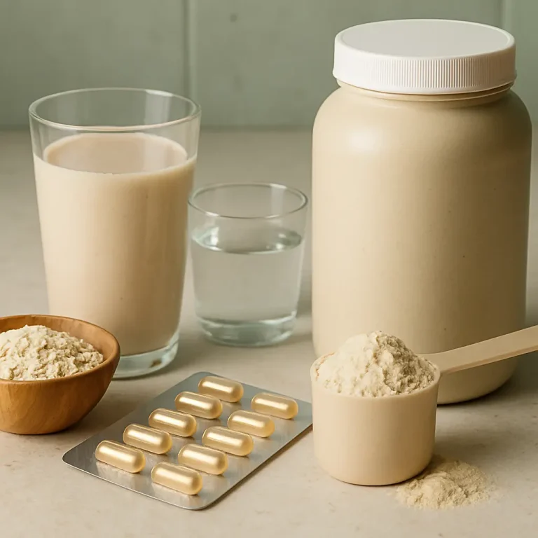 Protein shake, supplements, and vitamins with powder scoop, emphasizing fitness, wellness, and healthy eating.