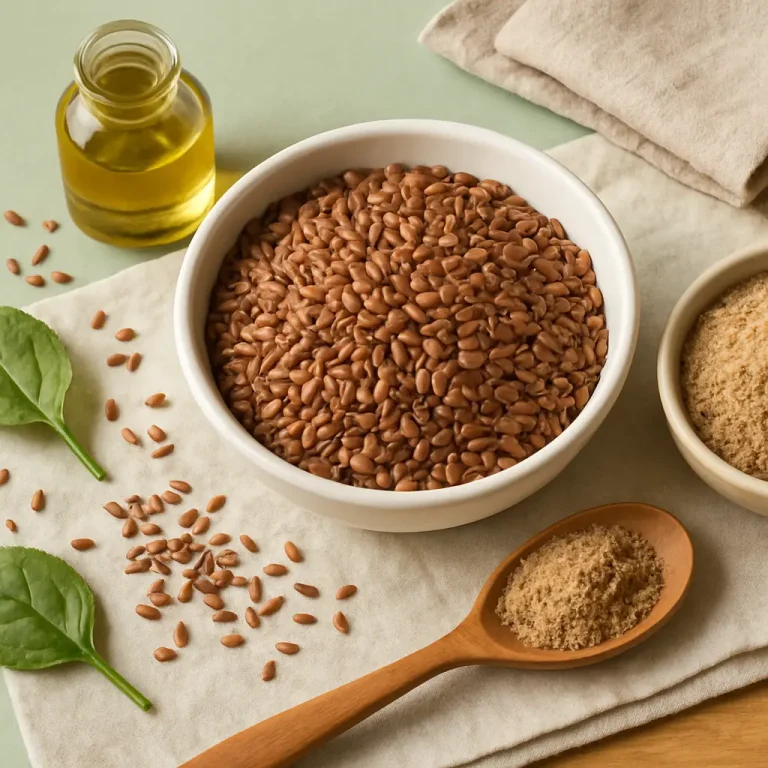 Healthy flaxseeds in a white bowl next to flaxseed oil and spinach leaves, promoting wellness, vitamins, and nutritious eating.