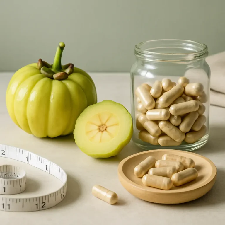Garcinia cambogia fruit beside a jar of dietary supplement capsules and a measuring tape, symbolizing fitness, weight loss, and healthy eating.